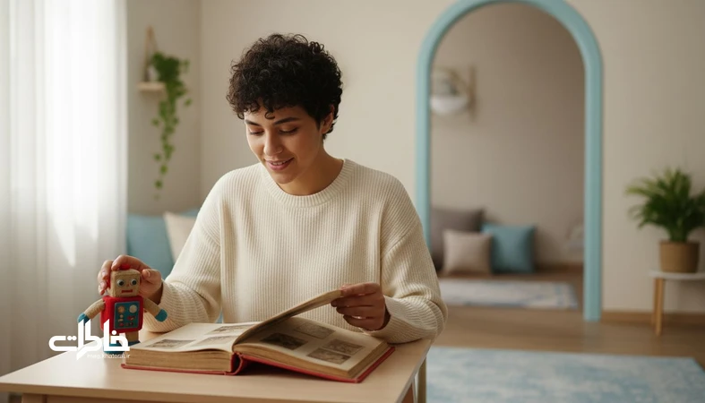 فردی در خانه ایرانی در حال نگاه‌کردن به آلبوم عکس کودکی؛ تصویر مفهومی از ترس از دست دادن، اضطراب جدایی و خاطرات کودکی