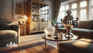 سماور روسی و گلدان بلور در پذیرایی خانه ایرانی؛ تصویر مفهومی از اشیای مشترک و مهمان‌داری ایرانی