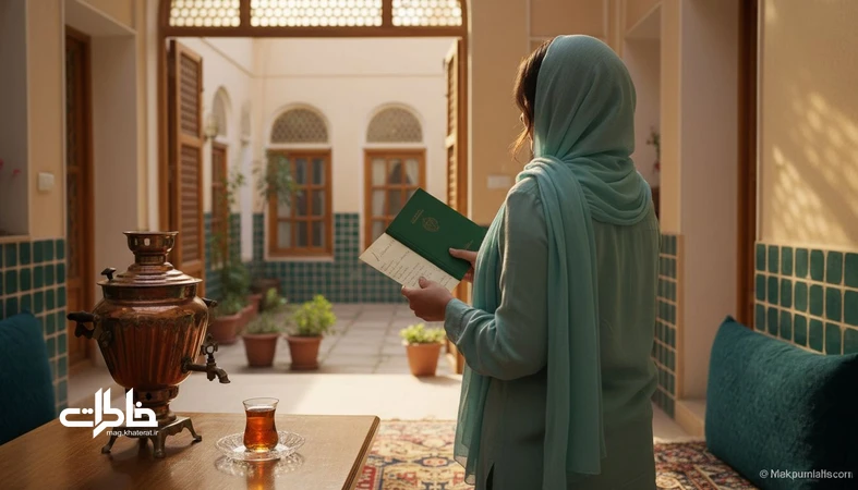 تصویر نوستالژیک از زن ایرانی با دفترچه و نامه کنار سماور؛ مناسب مقاله درباره اسم سرور و حس وقار و احترام