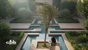 تصویر درخت سرو در حیاط ایرانی با حال‌وهوای آرام و مقاوم، مناسب مقاله معنی اسم سروین و خاطره‌سازی