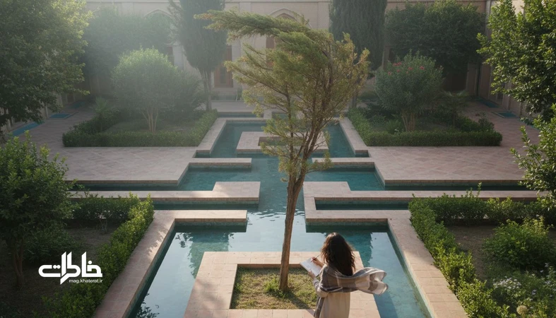 تصویر درخت سرو در حیاط ایرانی با حال‌وهوای آرام و مقاوم، مناسب مقاله معنی اسم سروین و خاطره‌سازی