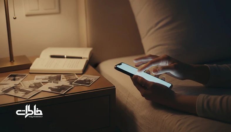 دستی که در تاریکی شب با موبایل اسکرین‌شات می‌گیرد؛ نمادی از پوشه اسکرین‌شات‌ها و معماری احساسی ذخیره‌سازی دیجیتال_مجله خاطرات