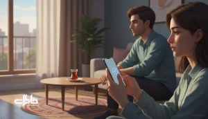 تصویر زوج ایرانی در خانه با گوشی و حس اضطراب و دلتنگی بعد از Seen و تیک آبی در رابطه