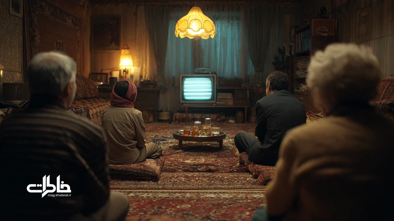 سکانس صمیمی از خانواده ایرانی در حال تماشای سریال قدیمی در اتاق نشیمن با نور زرد و حال‌وهوای نوستالژیک