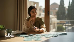 فردی ایرانی کنار پنجره با نخ حلقه‌شده روی میز؛ نمادی از الگوهای خودآزارانه و تکرار خاطره‌ها