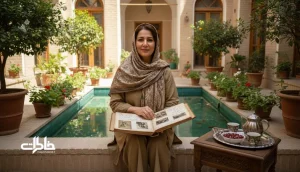 تصویر نوستالژیک از یک بانوی ایرانی در حیاط سنتی با آلبوم عکس؛ مناسب مقاله معنی اسم شهربانو و یاد و خاطره