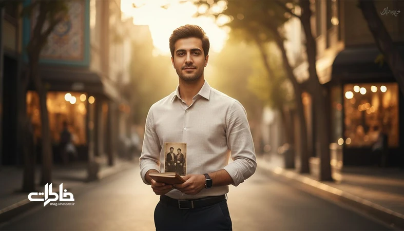 تصویر مرد ایرانی با دفترچه و عکس قدیمی؛ روایت معنی اسم شاهرخ و خاطره‌سازی در فرهنگ ایرانی