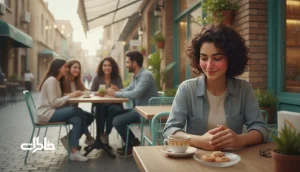 جوان ایرانی در کافه شهری در لحظه‌های خجالت‌آور با حس پذیرش و کاهش شرم؛ تصویر مرتبط با خاطرات خجالت‌آور مشترک و اثر نورافکن