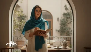 تصویر زن ایرانی کنار پنجره در خانه ایرانی با حس نوستالژیک؛ نماد نام شکوه و خاطره‌های ماندگار.مجله خاطرات