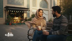 دو دوست ایرانی در یک قرار کوتاه اما عمیق با چای بیرون بر روی نیمکت پارک؛ نماد دیدارهای کوچک و منظم برای زنده نگه داشتن رابطه ها