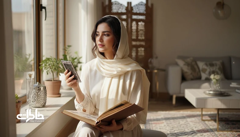 تصویر نوستالژیک از یک زن ایرانی با قاب عکس نقره‌ای و آلبوم خانوادگی؛ مناسب مقاله معنی اسم سیمین و یاد و خاطره