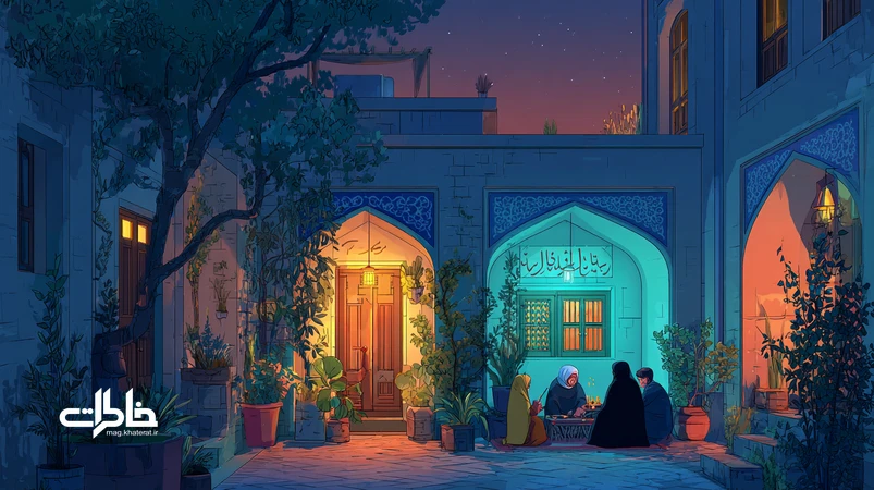 خانواده ایرانی در حیاط خانه در حال خواندن دوبیتی‌ها، لالایی‌ها و ترانه‌های محلی ساده و ماندگار