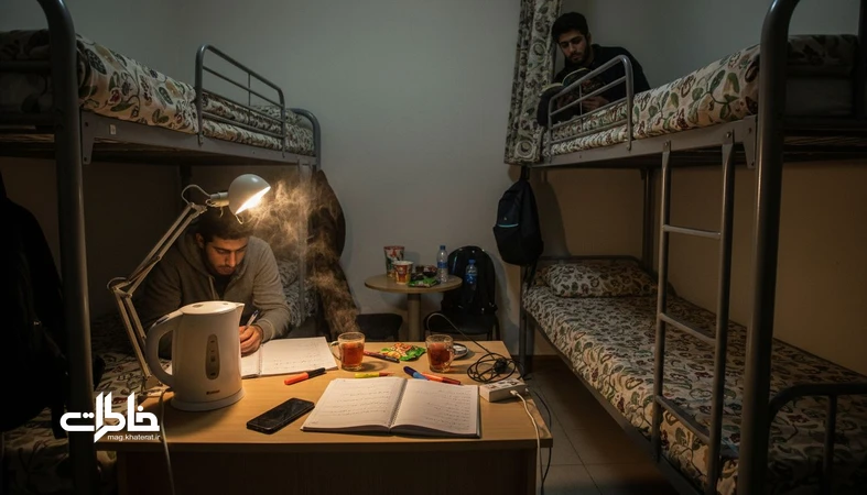 اتاق کوچک خوابگاه ایرانی با تخت‌های دوطبقه و چای‌ساز در شب‌های امتحان و فضای درس‌خواندن و بی‌خوابی جمعی