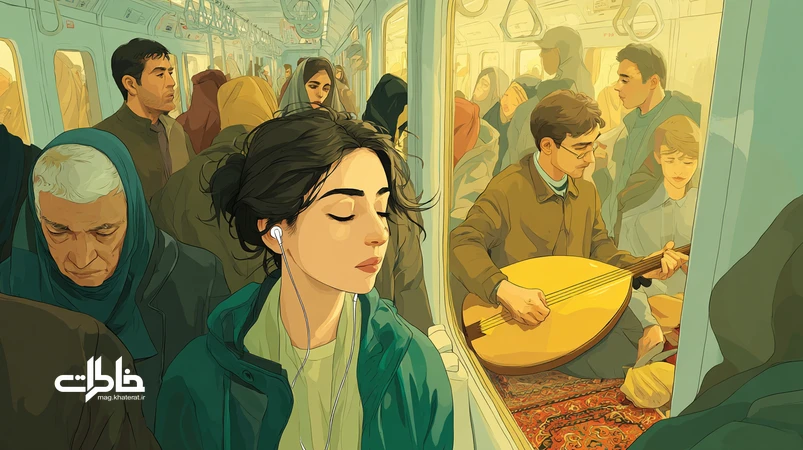 جوان ایرانی در مترو تهران با هدفون در گوش در حال شنیدن موسیقی تار سنتی، بازتاب اتاق قدیمی و نوازنده تار در شیشه کنار او