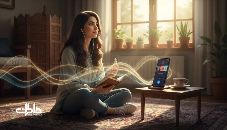 تصویر دختری ایرانی کنار پنجره با هدفون و دفترچه یادداشت، در حال گوش دادن به موسیقی؛ مناسب مقاله درباره نام ترانه و پیوند آن با خاطره و حافظه جمعی