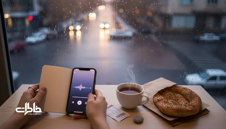 تصویر دفتری کوچک و گوشی کنار چای و نان در غروب بارانی؛ نماد تمرین ۳ دقیقه‌ای روایت‌سازی از اتفاق‌های ساده و ثبت خاطره.مجله خاطرات