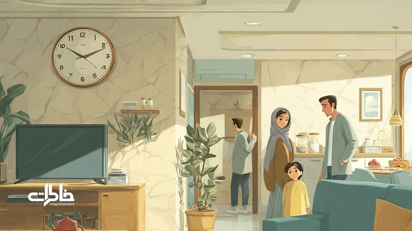 ساعت دیواری تیکتیکدار بالای تلویزیون در خانهٔ ایرانی که ریتم زندگی روزمره و وقتشناسی خانواده را تنظیم میکند