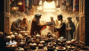 بازارچه صنایع‌دستی ایرانی با تمرکز بر دست‌های فروشنده و خریدار هنگام معاملهٔ یک ظرف سفالی دست‌ساز؛ نماد اقتصاد خرد و هویت‌سازی