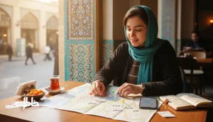 نقشه خاطرات سفر با پین‌های رنگی روی نقشه کاغذی و یادداشت احساسات برای ثبت دقیق‌تر مکان و حس