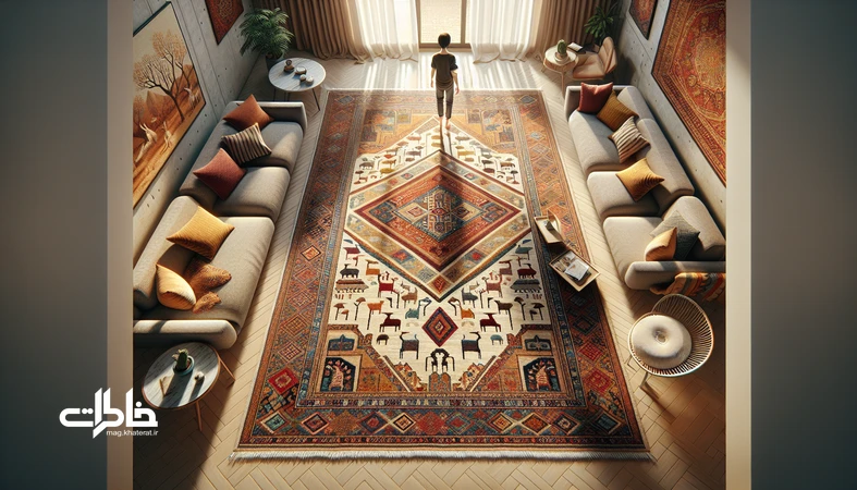 شخصی در خانه روی قالی عشایری ایستاده و به نمادهای لوزی، چشم‌زخم و درخت زندگی نگاه می‌کند؛ خوانش روایت‌ها در قالی عشایری
