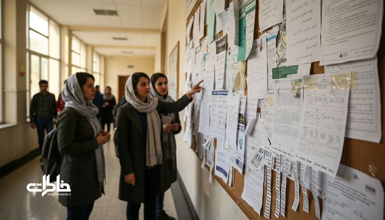 تابلوی اعلانات دانشگاه با پوسترها و اعلان‌های کاغذی و کارت دانشجویی کاهی؛ روایت اکولوژی کاغذ در دانشگاه‌های ایران