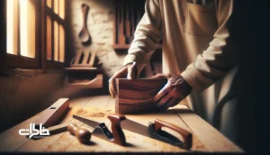 دست‌های نجار ایرانی روی تخته چوب گردو با رگه‌های طبیعی و خاک‌اره؛ تصویر مرتبط با بوی چوب گردو، نجاری و حافظه حسی