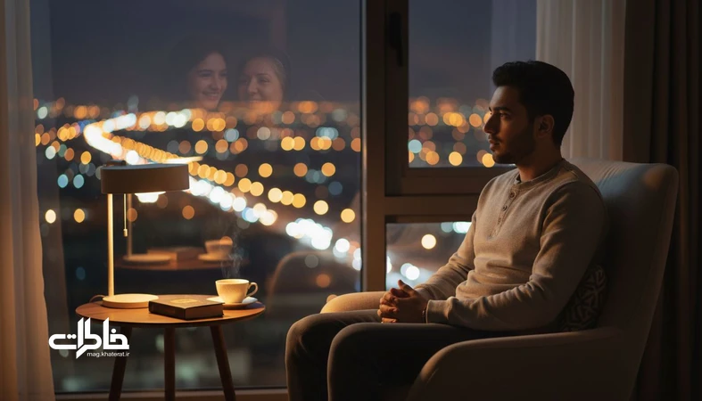 فردی ایرانی کنار پنجره در شب با حال‌وهوای فکرکردن به خاطرات خجالت‌آور، شرم و نشخوار ذهنی و تلاش برای پذیرش و ترمیم درونی
