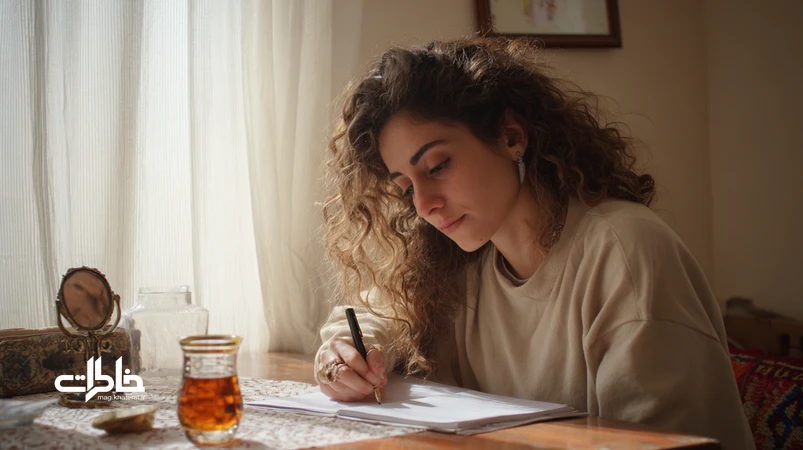 فردی در حال نوشتن داستان کوتاه برای سوگ کنار پنجره، با اشک آرام و یادگاری کوچک؛ روایت رهایی از شرم و مواجهه با فقدان