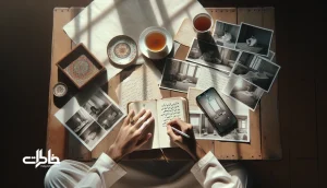 فردی ایرانی در حال نوشتن سیر تحول شخصی در دفترچه کنار عکس‌ها و پیام‌های قدیمی؛ نمادی از روان‌درمانی خانگی و بماند به یادگار شدن تغییرات