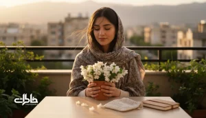 زنی ایرانی کنار گلدان یاس روی بالکن در غروب؛ تصویر طبیعت محور از اسم یاسمین و پیوند آن با عشق ملایم و خاطره های روشن