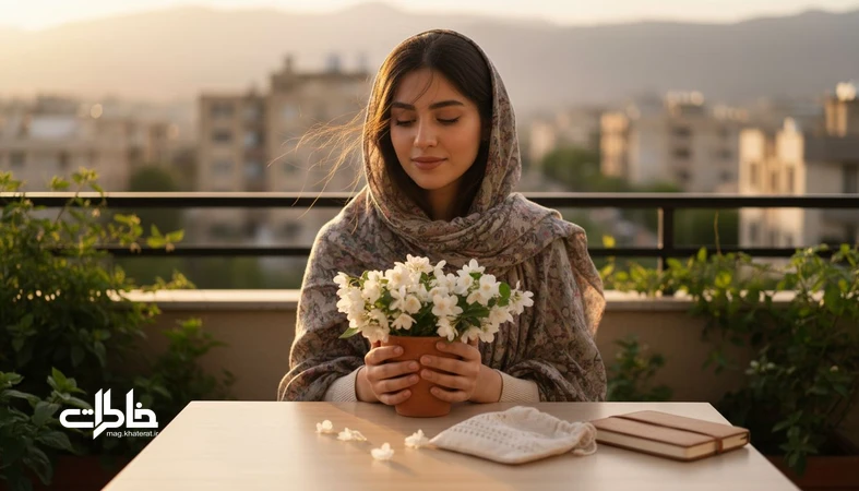 زنی ایرانی کنار گلدان یاس روی بالکن در غروب؛ تصویر طبیعت محور از اسم یاسمین و پیوند آن با عشق ملایم و خاطره های روشن