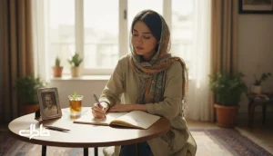 تصویر دختری ایرانی در خانه‌ای روشن که نام یکتا را در دفترچه می‌نویسد؛ نمادی از معنی اسم یکتا و خاطره‌سازی