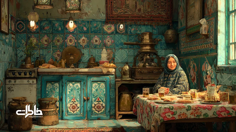 صحنه‌ای نوستالژیک از آشپزخانه خانه مادربزرگ ایرانی با سماور روشن، سفره عصرانه و گفت‌وگوی صمیمی که زبان نوستالژی و واژه‌های قدیمی خانواده را زنده می‌کند.