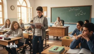 دانش‌آموز ایرانی در کلاس زنگ انشا در حال بلندخوانی؛ تصویری از زنگ انشا به‌عنوان اولین تمرین‌های نوشتن خاطره و شنیده‌شدن در مدرسه