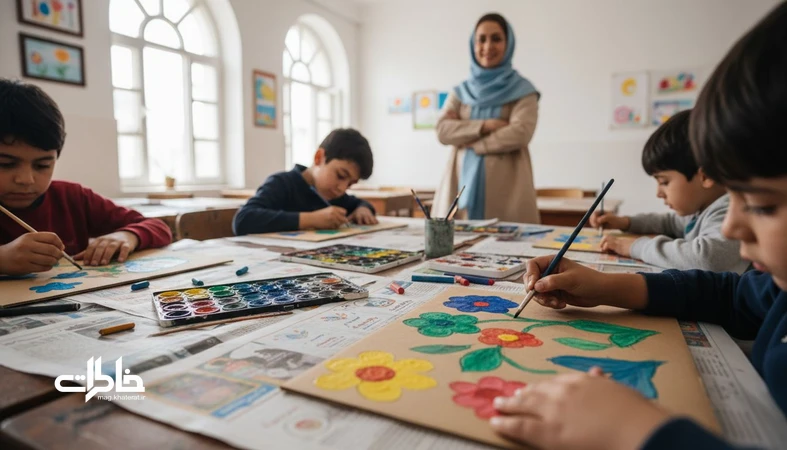 دست‌های دانش‌آموزان در زنگ هنر با آبرنگ و مدادشمعی روی مقوا و روزنامه؛ لحظه‌ای از آزادی و خلاقیت در کلاس مدرسه