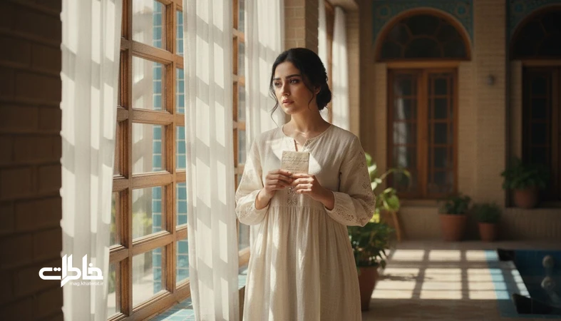 تصویر زلیخا با حال و هوای عاشقانه و نماد پایداری در قصههای کهن ایرانی کنار پنجره خانه ایرانی.مجله خاطرات