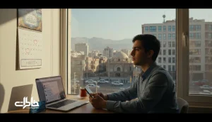 جوان ایرانی در دهه بیست کنار تقویم و لپ‌تاپ و گوشی، با حس تند شدن زمان و اضطراب پیشرفت در زندگی روزمره