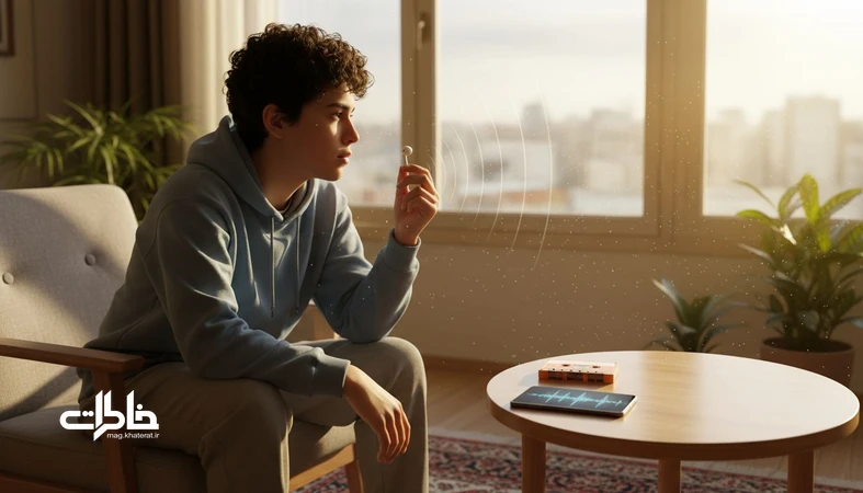 حافظه شنیداری با صدا و موسیقی؛ فردی در خانه ایرانی کنار هدفون و نوار کاست در حال گوش دادن و یادآوری