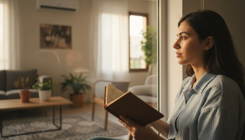 جوان ایرانی کنار پنجره در حال نگاه کردن به دفترچه خاطرات؛ تصویر مرتبط با جمله «ببین بچه‌ی فلانی» و تاثیر آن بر عزت نفس