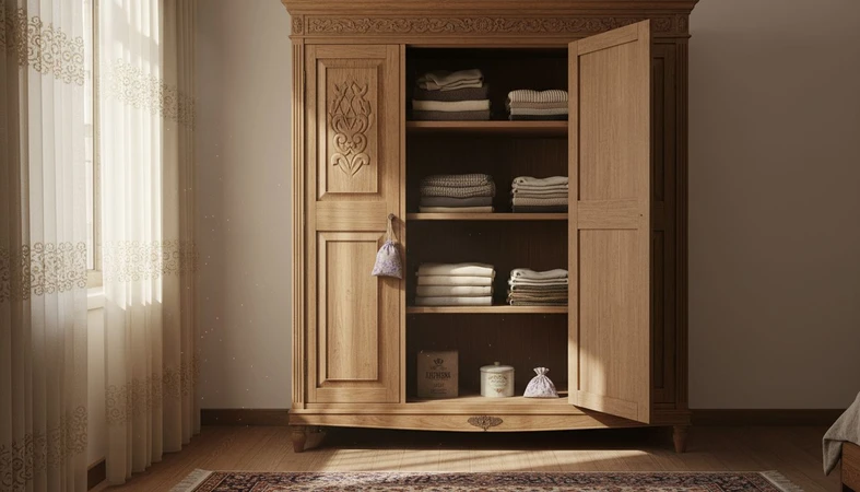 کمد چوبی بزرگ در خانه ایرانی با لباس های اتوخورده و نشانه های نفتالین؛ روایت نظم، بو و حافظه حسی