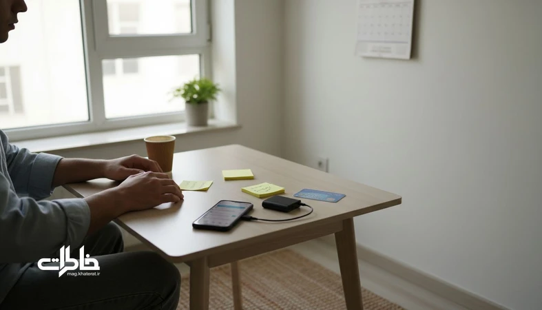 جوان ایرانی کنار میز آشپزخانه با اشیای روزمره مثل کارت مترو و لیوان قهوه؛ نماد «جوانی قرضی» و تعویق در زندگی امروز