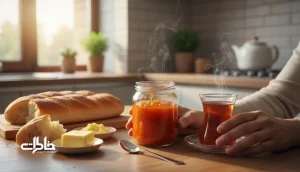 شیشه مربای هویج خانگی روی سفره صبحانه ایرانی کنار نان بربری، کره و استکان چای