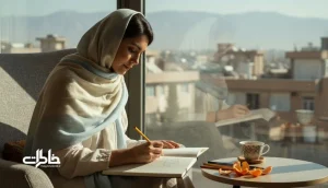 زن جوان ایرانی کنار پنجره در نور روز در حال نقاشی و نوشیدن چای؛ تصویر کودکانه زندگی کردن و حفظ بازی و کنجکاوی در بزرگسالی