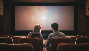زوج ایرانی در سالن سینما با نور پروژکتور؛ نمادی از سینما و خاطره عاشقانه و فیلم‌هایی که زمان را نگه می‌دارند