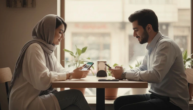 زوج جوان ایرانی در کافه با موبایل و نور چت؛ روایت بصری از کراش و سیتوایشن‌شیپ در رابطه آنلاین