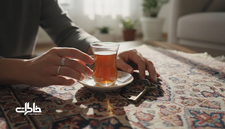 دست‌های ایرانی در خانه امروزی در حال لمس استکان چای، کلید قدیمی و قالی؛ نمادی از اشیای روزمره به عنوان دستگاه زمان در حافظه جمعی