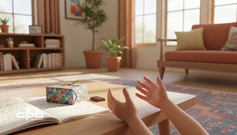 بسته هدیه فرشته مهربون کنار شکلات و دفتر مدرسه در خانه ایرانی؛ روایت آیین هدیه دادن کودکانه