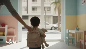 کودک ایرانی در اولین روز مهدکودک هنگام خداحافظی با والد؛ تصویر نماد جدایی کوتاه و دلتنگی بلند