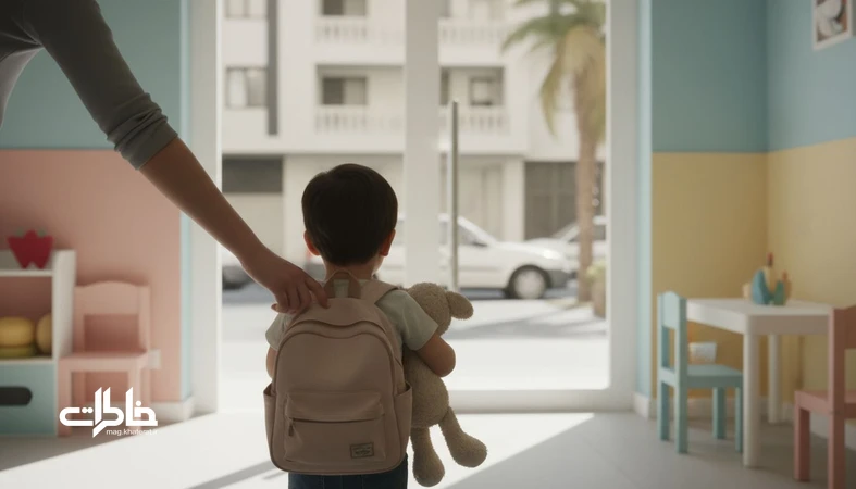 کودک ایرانی در اولین روز مهدکودک هنگام خداحافظی با والد؛ تصویر نماد جدایی کوتاه و دلتنگی بلند