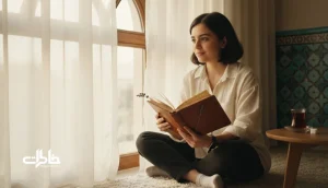 تصویر مفهومی از اولین دوست داشتن به عنوان اثر احساسی؛ فردی ایرانی کنار پنجره با دفترچه یادداشت و گل خشک در نور ملایم